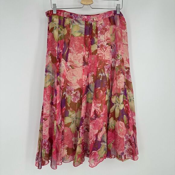 Jones New York Womens Silk Midi Skirt Size 14 Pink Floral Flowy Fairy Romantic - Picture 8 of 11